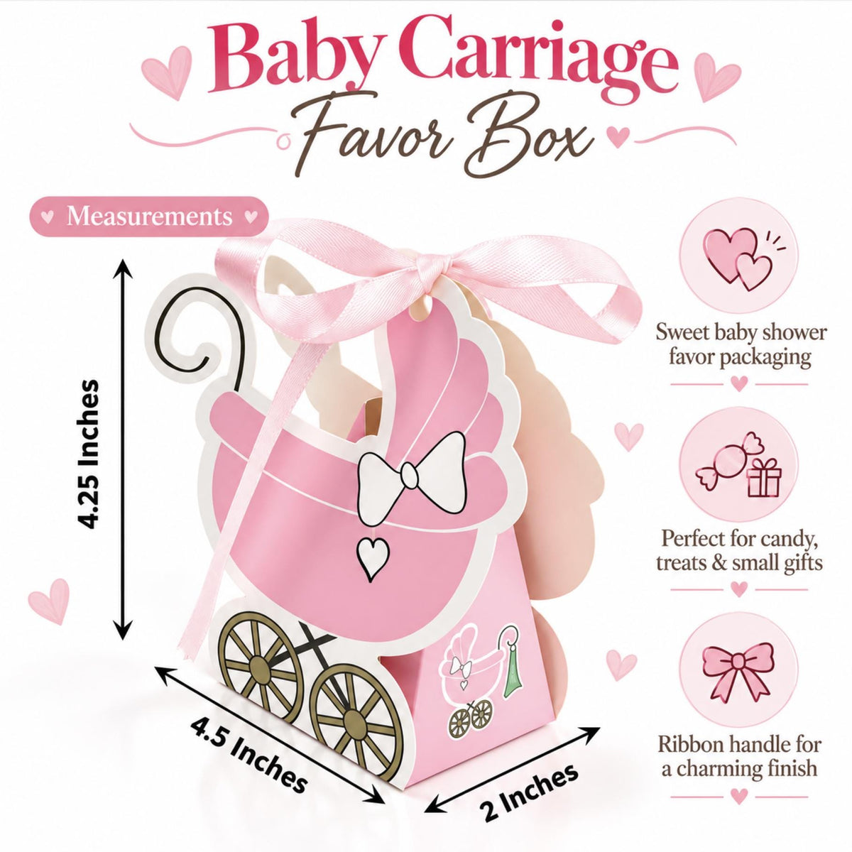 25 Pack Baby Stroller Party Favor Gift Boxes – Cardstock Carriage Candy Boxes with Ribbon Ties - Pretty Party Boxx