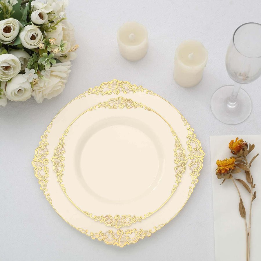10 - Pack Leaf Embossed Rim Round Plastic Dessert Plates – Elegant Disposable Party Plates for Weddings & Events