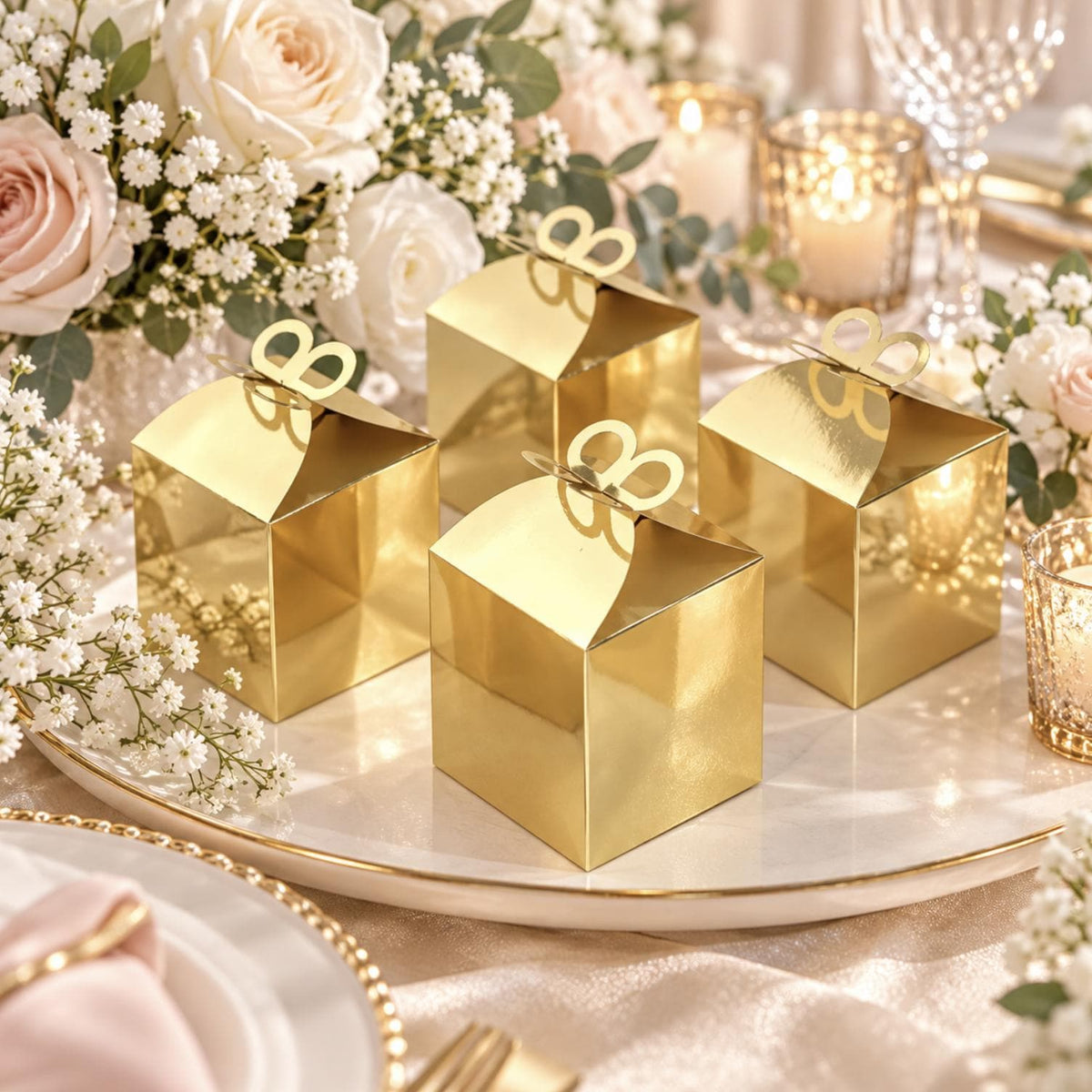 25 Pack Metallic Gold Foil Butterfly Top Premium Party Favor Boxes, Cardstock Candy Gift Boxes - 250 GSM - Pretty Party Boxx