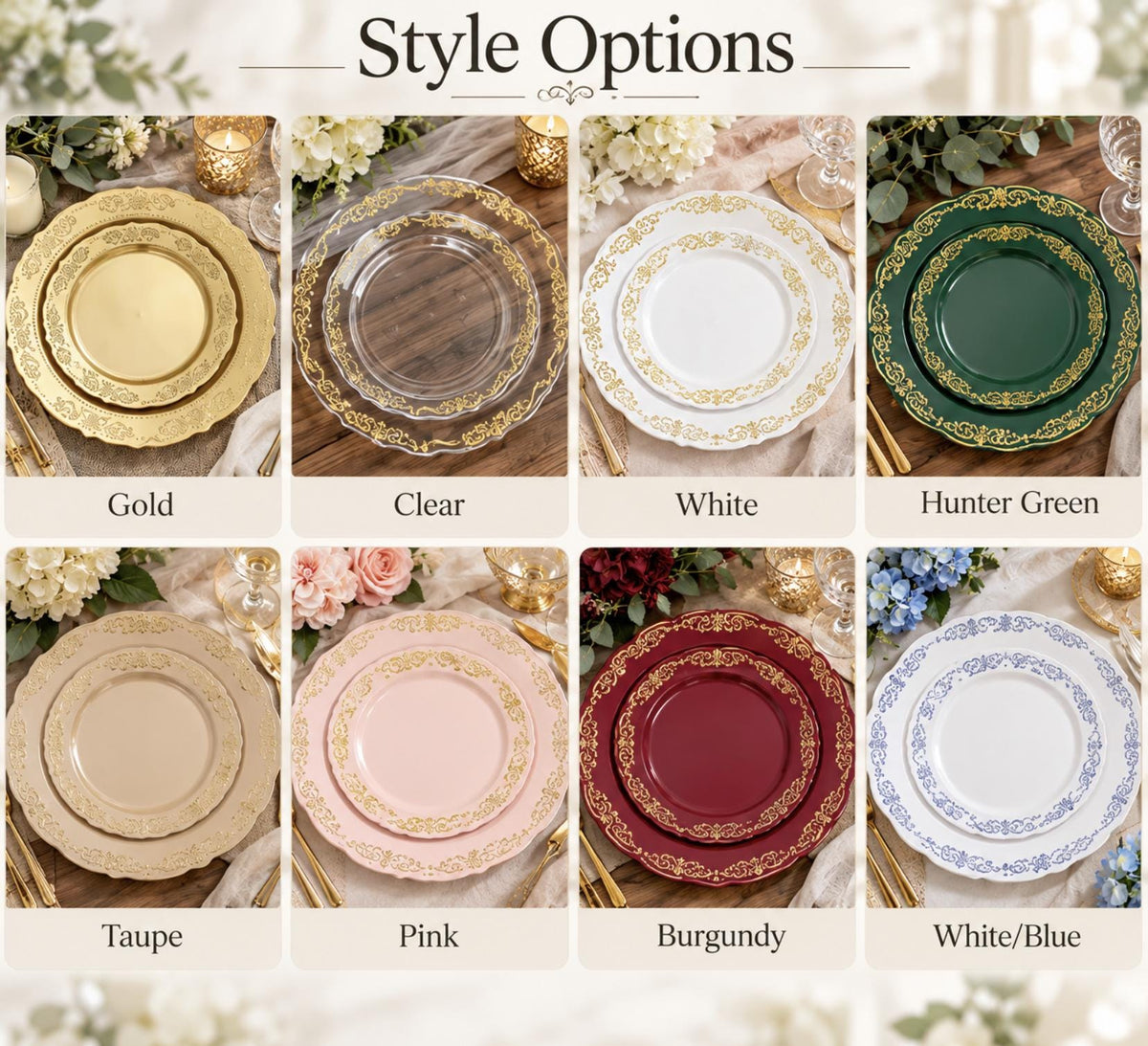 Clear baroque charger plate with gold rim set with smaller clear plastic dinner plate.