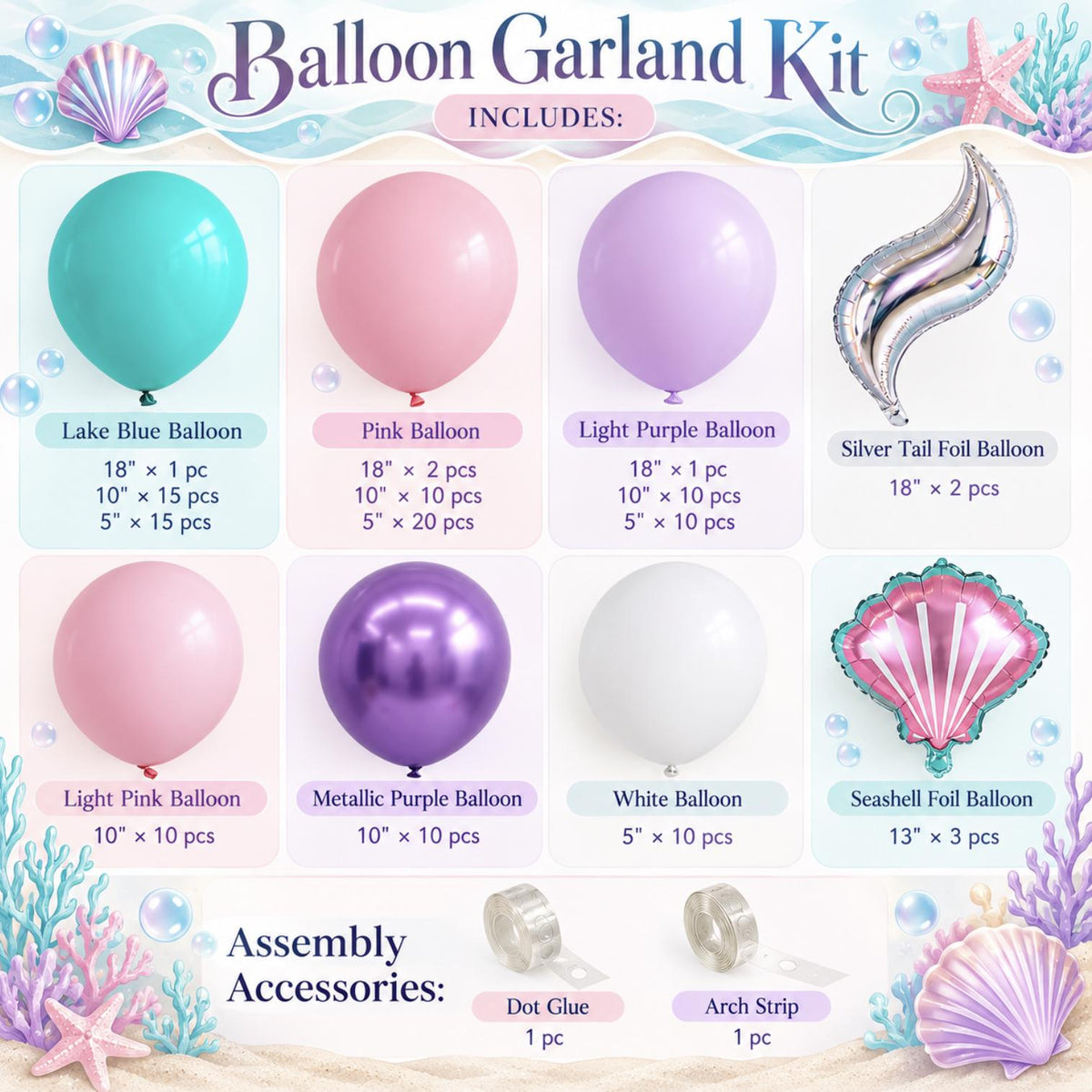 Mermaid Party Decor Kit – Pastel Balloon Garland, Shell Piñata & Birthday Decorations