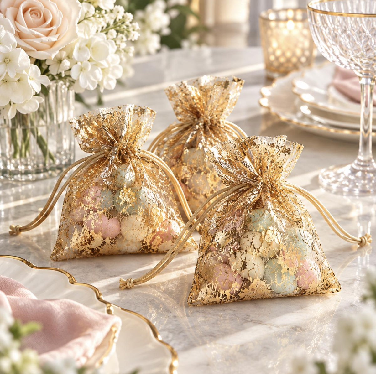 Metallic Gold Drawstring Candy Bags | 12-Pack Foil Favor Bags