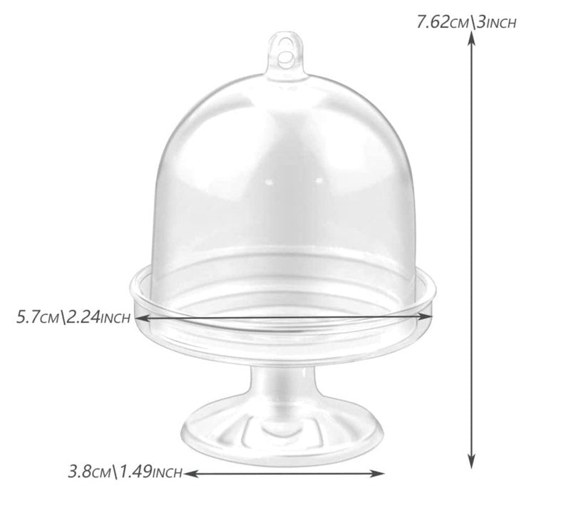 Mini cake favor containers with clear dome lids for displaying individual desserts at weddings, showers and parties