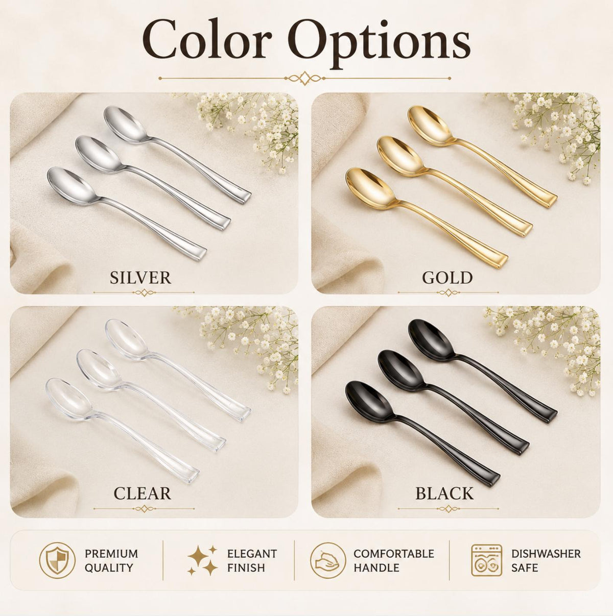 Mini Gold Appetizer Spoons – Plastic Dessert Spoons for Mini Desserts & Catering Displays