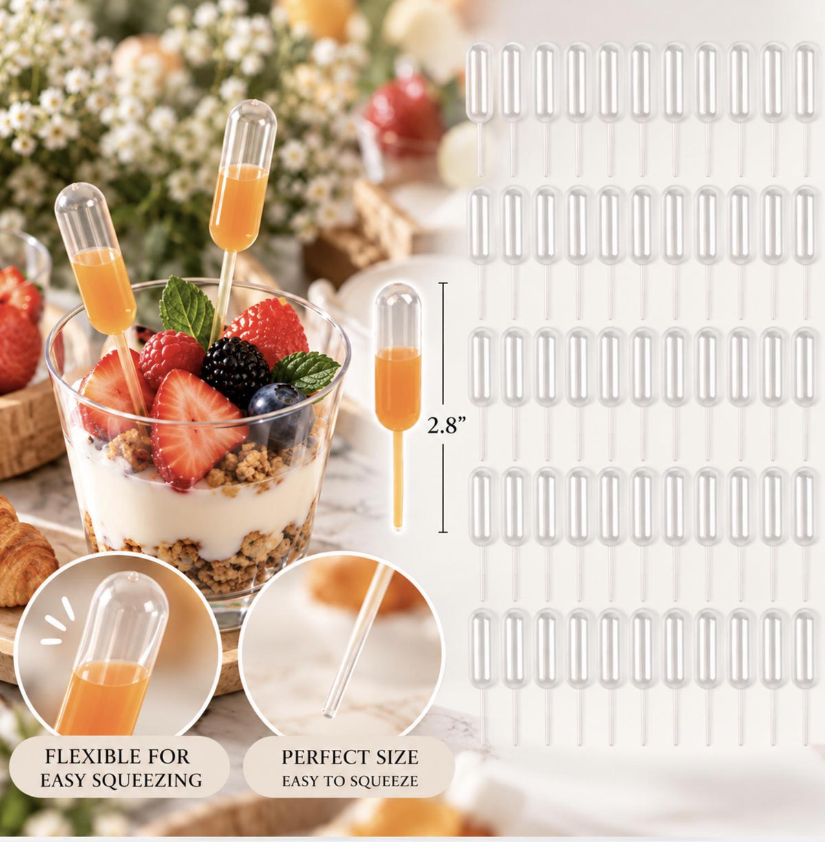Mini Pipettes for Desserts – Food - Grade Cupcake & Donut Pipette Droppers (3 Shapes: Round, Rectangle & Heart)
