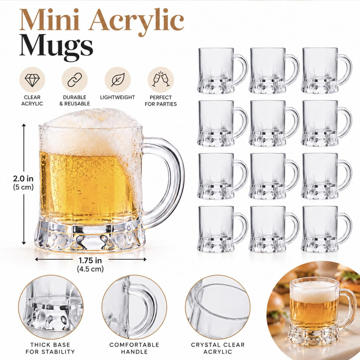 Mini Plastic Beer Mug Shot Glasses – Appetizer Mugs for Sliders, Brunch & Catering Displays