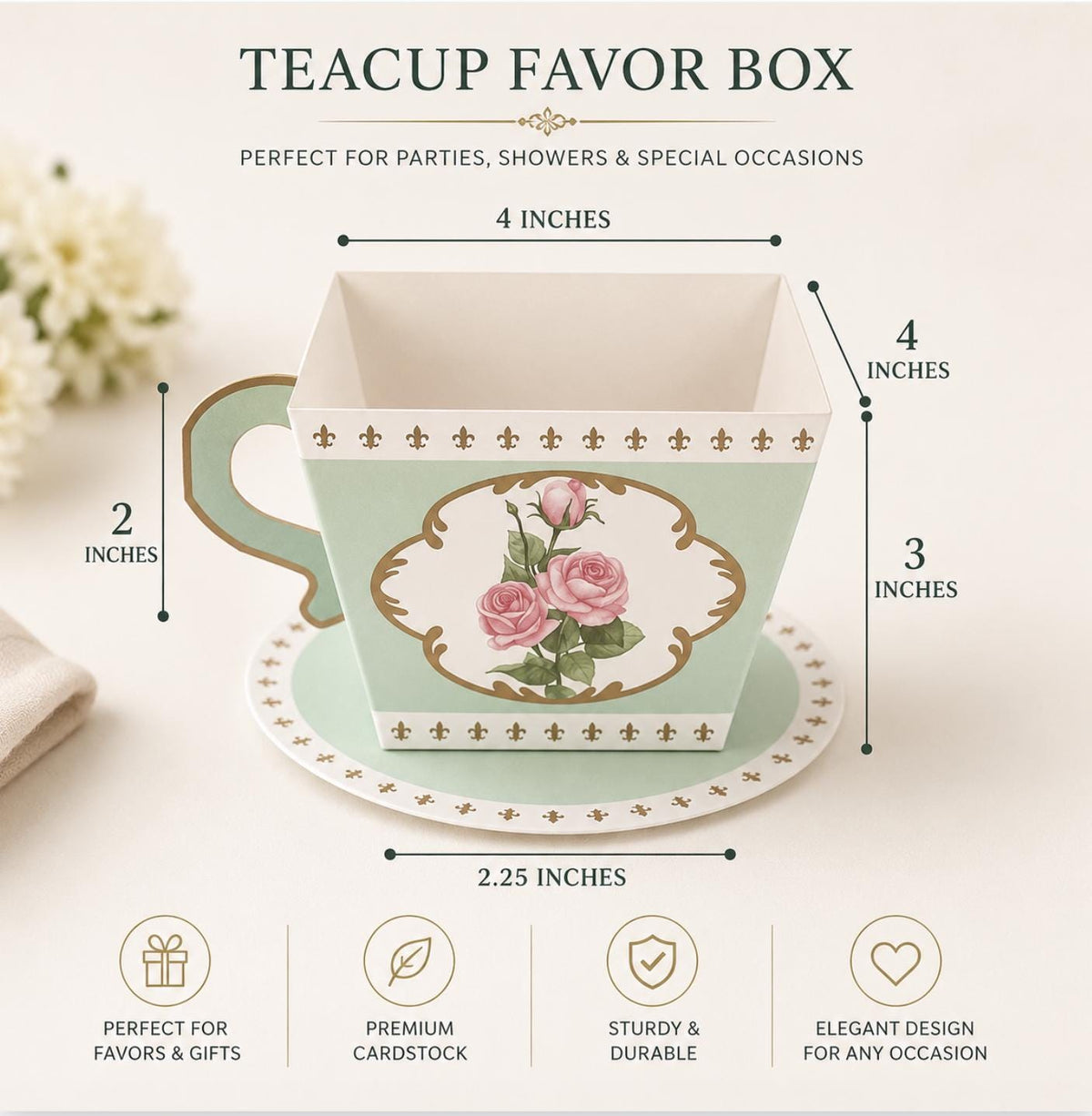 25 Pack Mini Teacup and Saucer Party Favor Boxes with Rose Floral Print - Tea Time Candy Boxes - Pretty Party Boxx