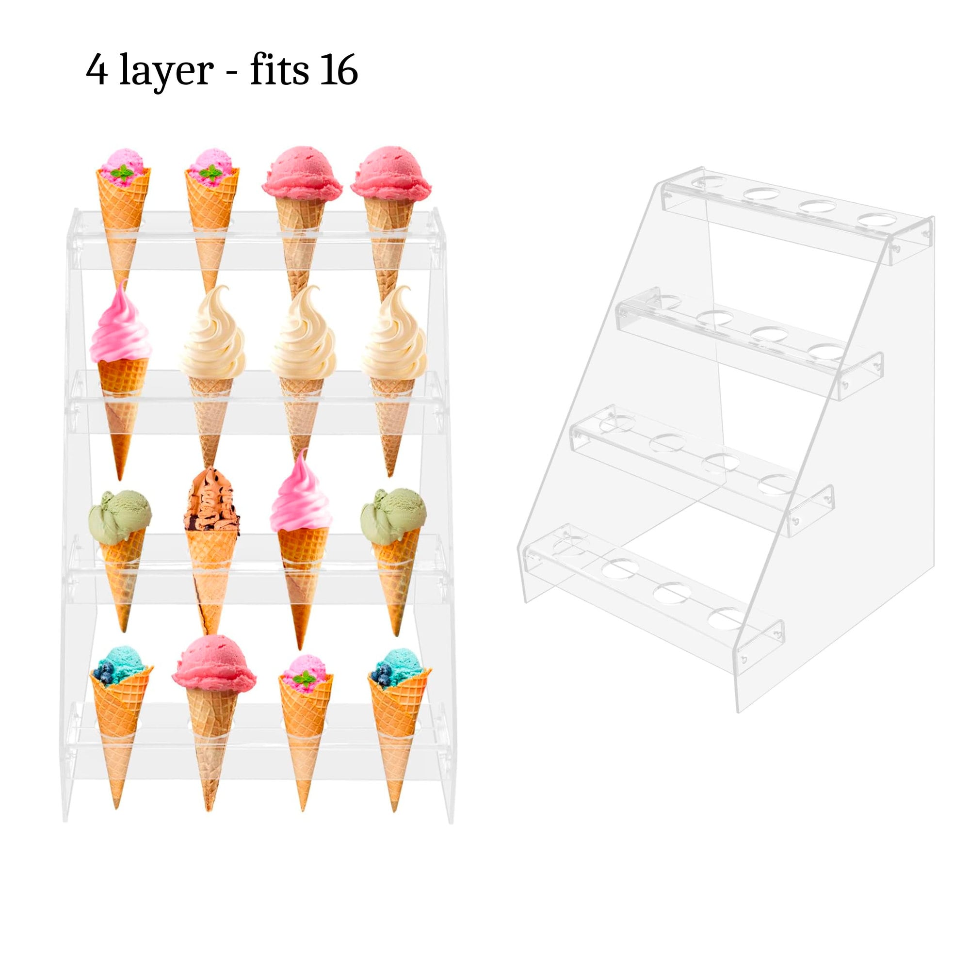 Multi-tier clear acrylic stand showcasing cone-shaped desserts and appetizers for professional catering display.