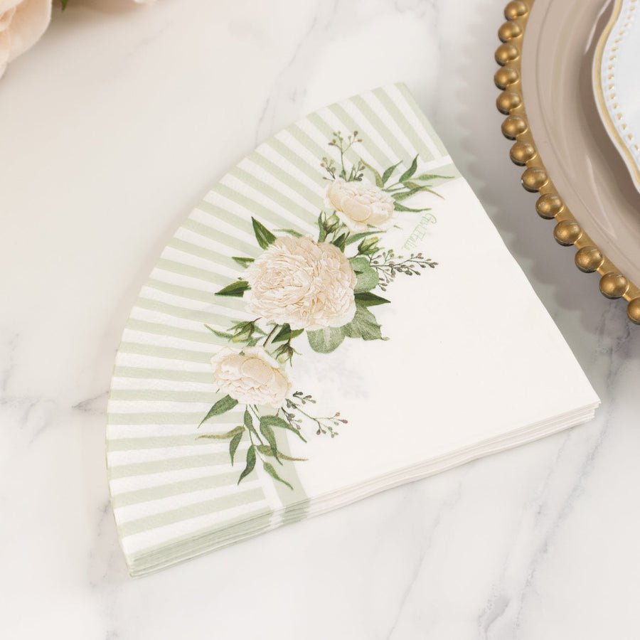 20 - Pack Elegant Paper Cocktail Napkins – Peony Flower Print with Gold Trim for Weddings & Events - Pretty Party Boxx