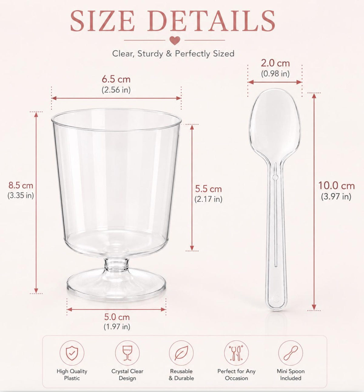 Clear party dessert cups with mini spoons for individual servings at birthdays, weddings and baby showers
