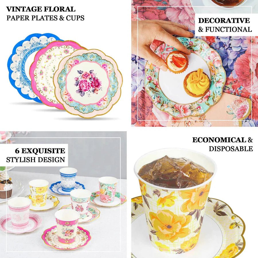Assorted Vintage Mixed Floral Paper Dinner Plates – Scalloped - Edge Design. - Pretty Party Boxx