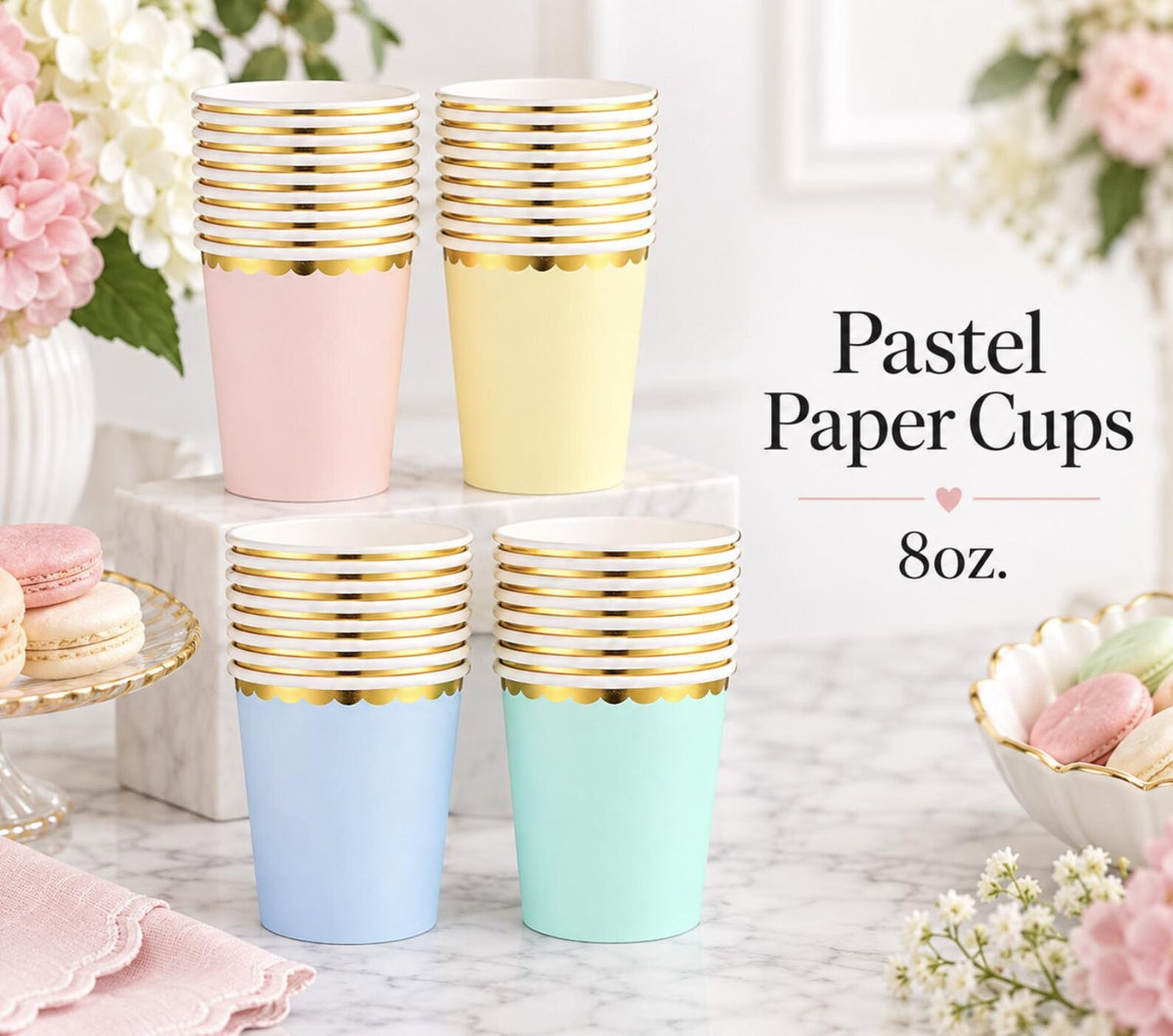 Pastel paper party plates with elegant gold scalloped edges styled with cookies and desserts