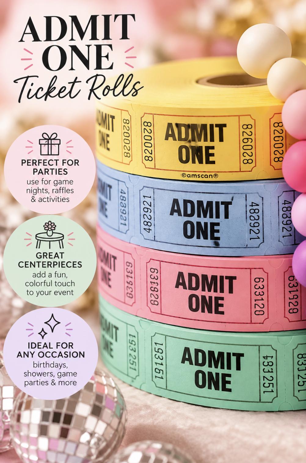 Pastel Raffle Ticket Rolls – Admit One Tickets for Carnival Parties, Showers & Fundraisers
