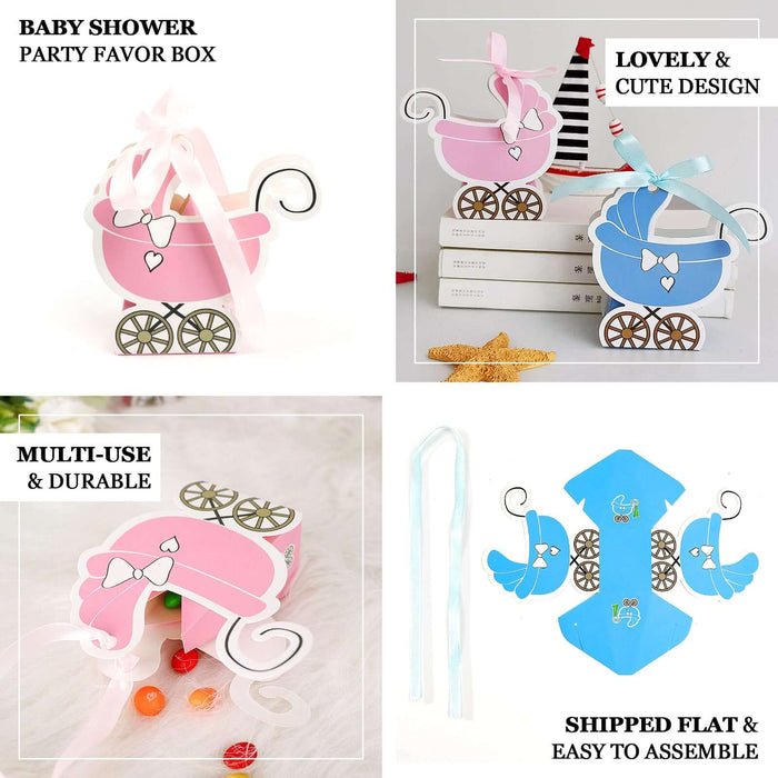 25 Pack Baby Stroller Party Favor Gift Boxes – Cardstock Carriage Candy Boxes with Ribbon Ties - Pretty Party Boxx