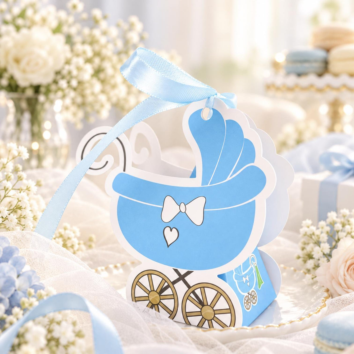 25 Pack Baby Stroller Party Favor Gift Boxes – Cardstock Carriage Candy Boxes with Ribbon Ties - Pretty Party Boxx
