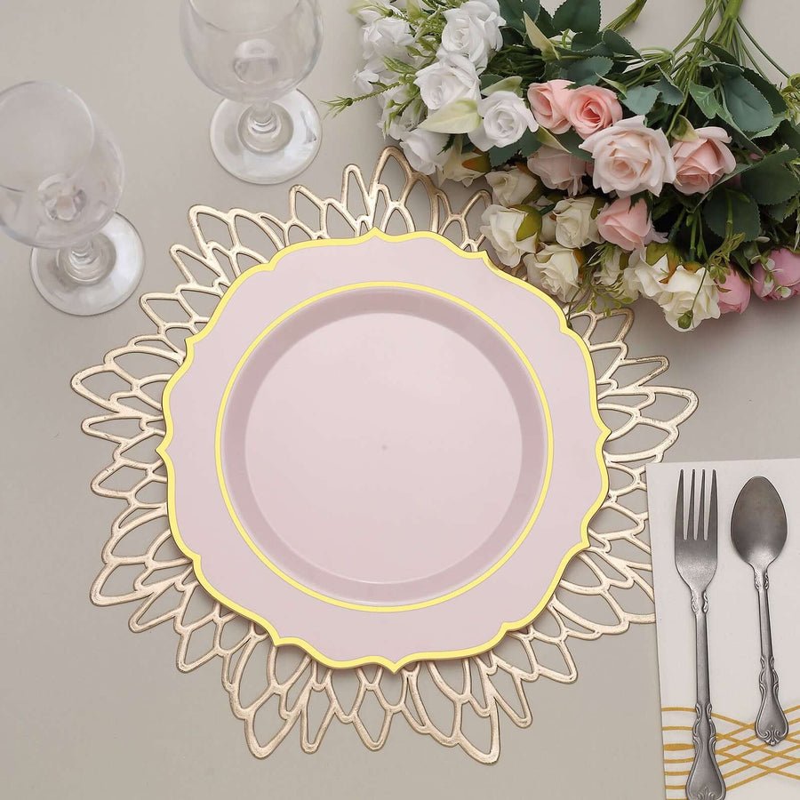 Pink and gold rimmed plastic plate on floral placemat – elegant disposable dinnerware for parties