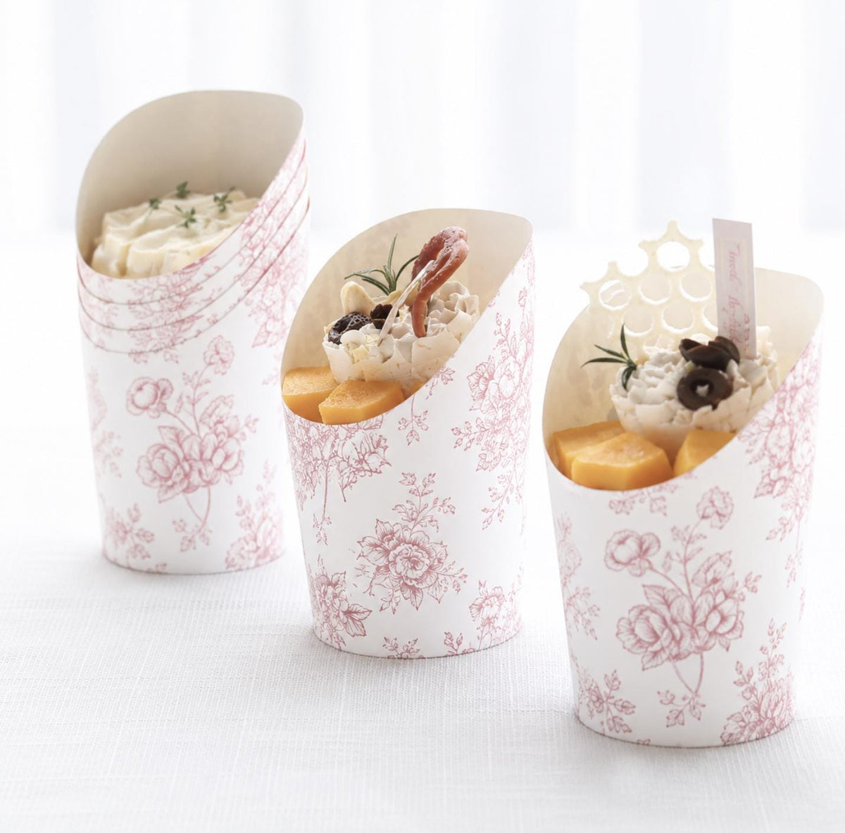 Pink Toile Charcuterie Cups with Toothpicks – Individual Appetizer Cups for Showers & Parties