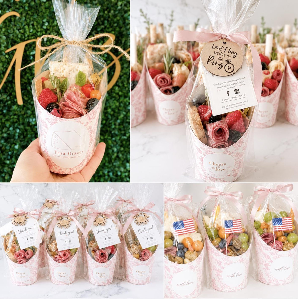 Pink Toile Charcuterie Cups with Toothpicks – Individual Appetizer Cups for Showers & Parties
