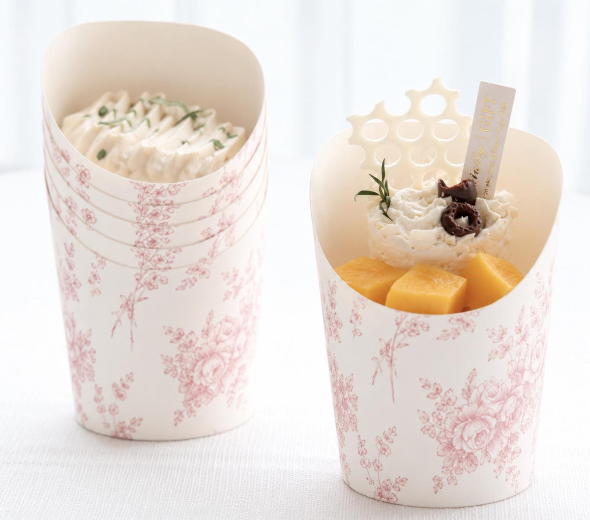 Pink Toile Charcuterie Cups with Toothpicks – Individual Appetizer Cups for Showers & Parties