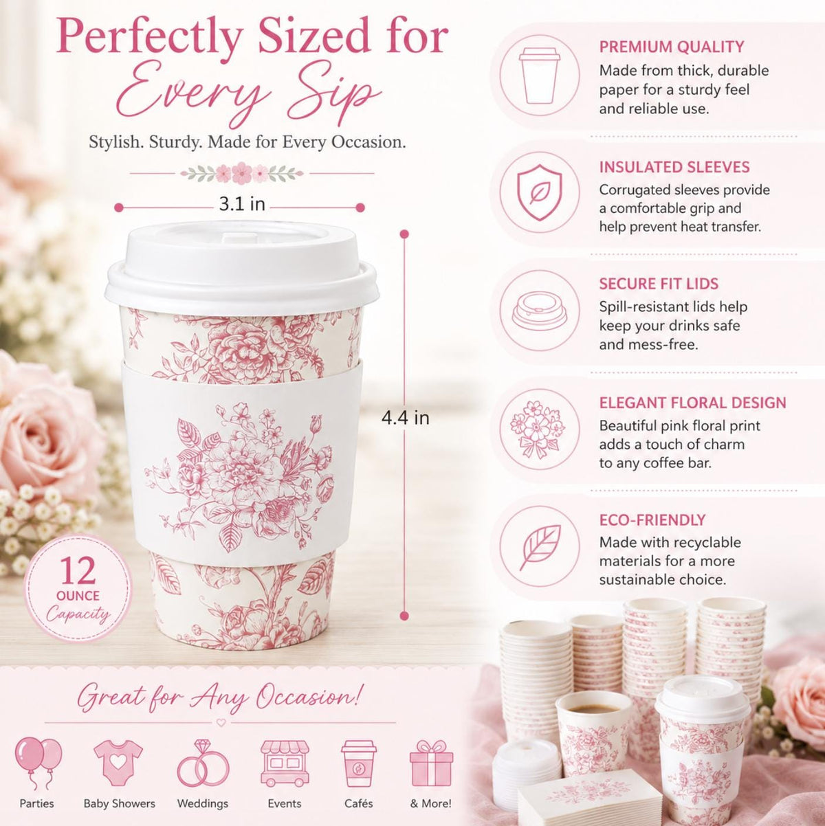 Pink Toile Disposable Coffee Cups with Lids & Sleeves – Coffee Bar Cups for Showers & Weddings