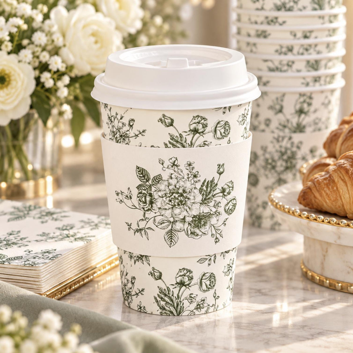 Pink Toile Disposable Coffee Cups with Lids & Sleeves – Coffee Bar Cups for Showers & Weddings