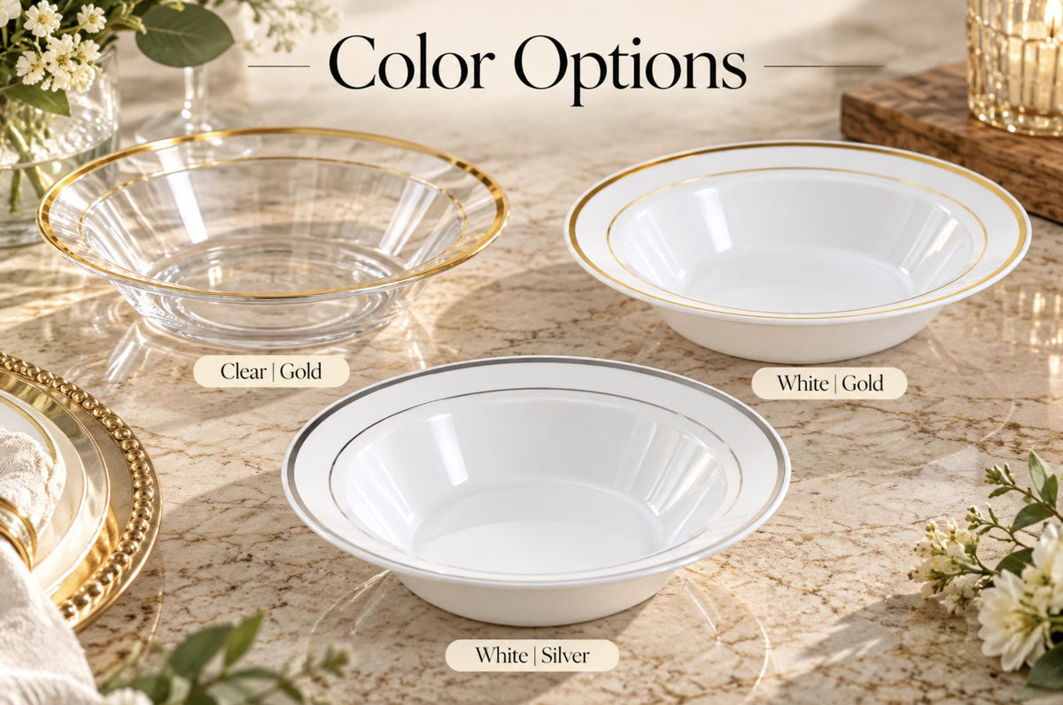 Gold-rimmed clear plastic bowl with serving spoon and fork – stylish event tableware