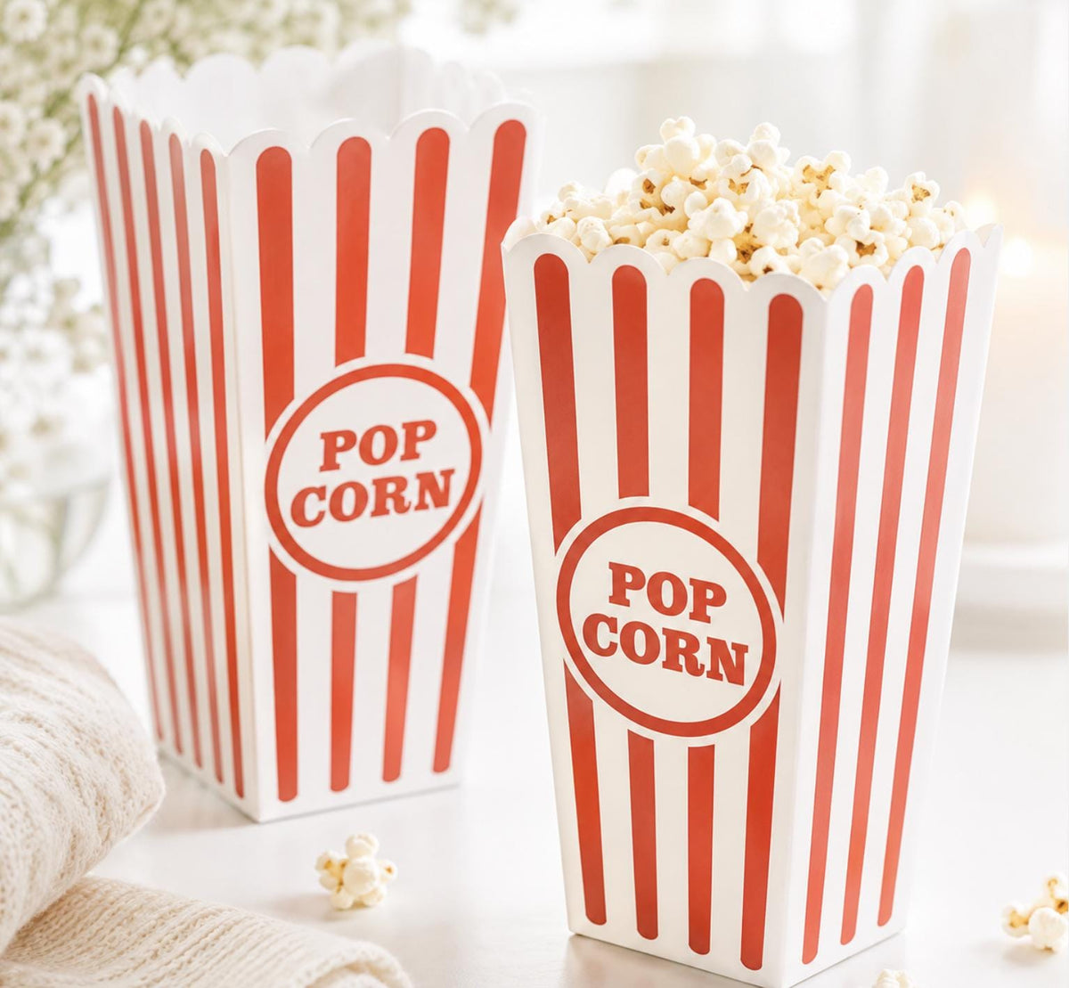 Plastic Carnival Popcorn Cups – Red Striped Reusable Popcorn Boxes for Parties & Movie Nights