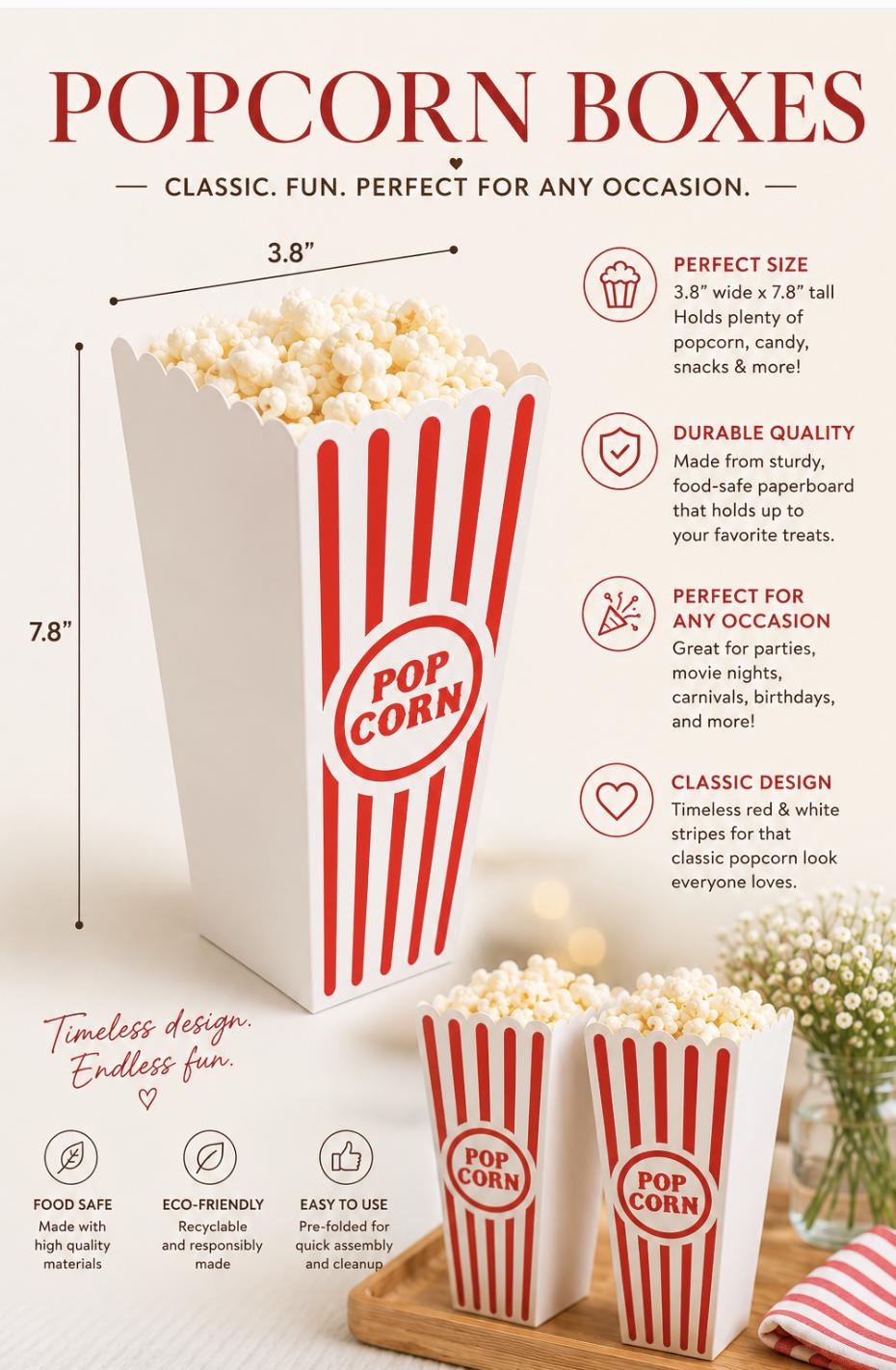 Plastic Carnival Popcorn Cups – Red Striped Reusable Popcorn Boxes for Parties & Movie Nights