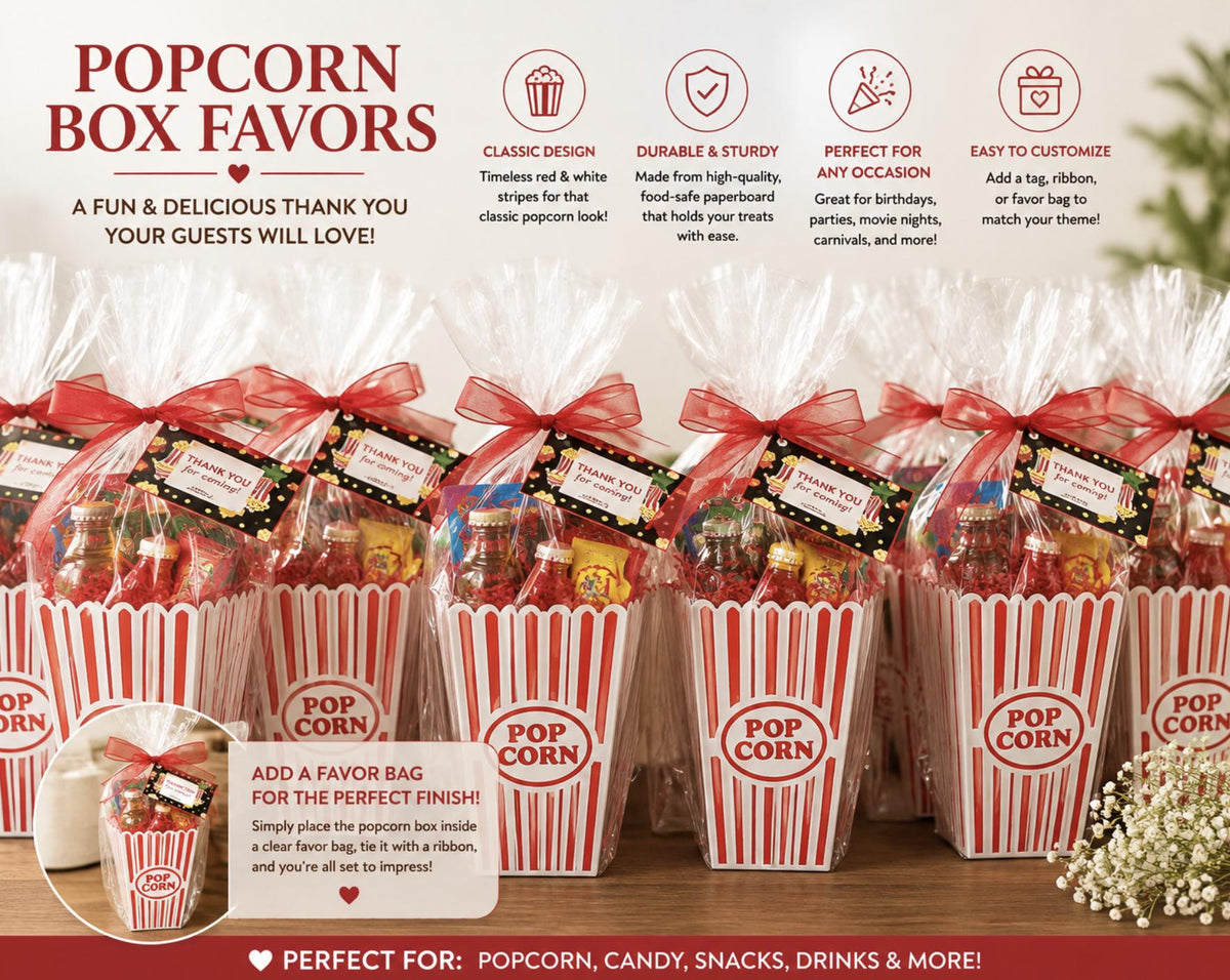 Plastic Carnival Popcorn Cups – Red Striped Reusable Popcorn Boxes for Parties & Movie Nights