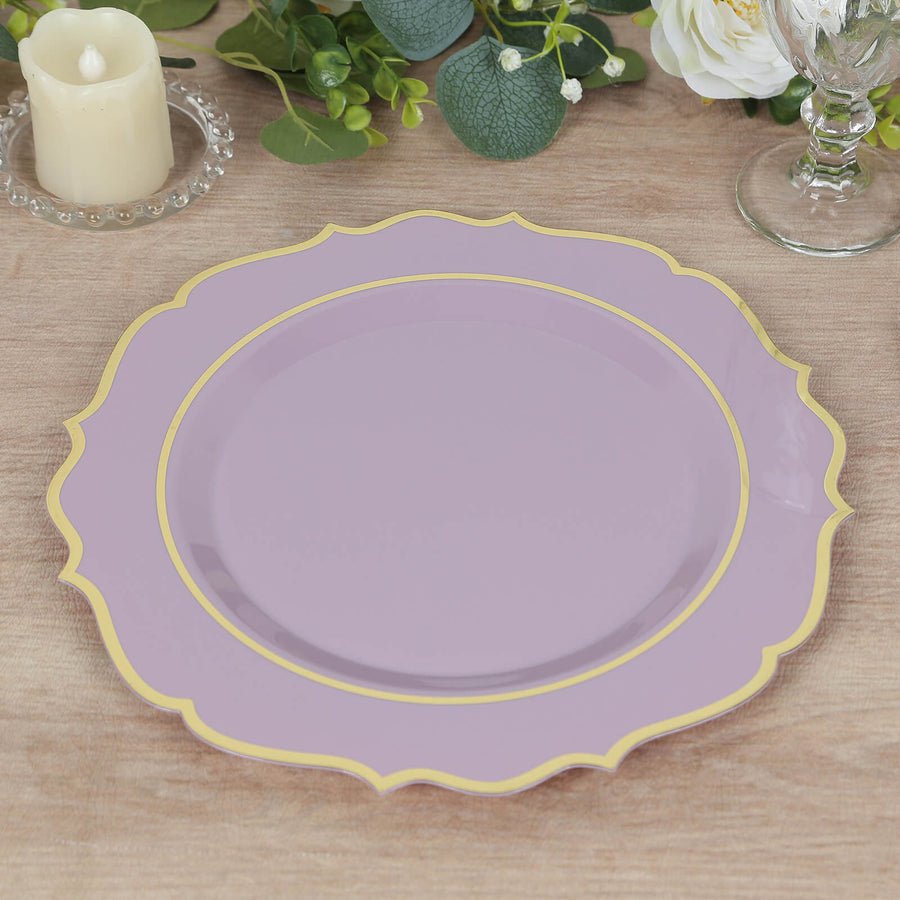 Purple gold-rimmed plastic plate – luxury disposable dinnerware for elegant dining events