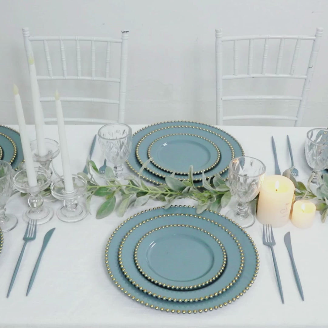 Product demo video showing elegant gold beaded rim disposable dinner plates arranged on a wedding table setup