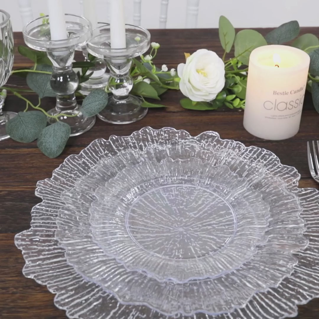 7-inch clear and gold beaded rim round plastic dinner plate – high end disposable plate for weddings and banquets