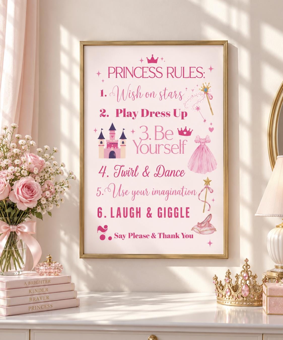 Princess Rules Sign – Pink Girls Nursery & Playroom Wall Art Printable