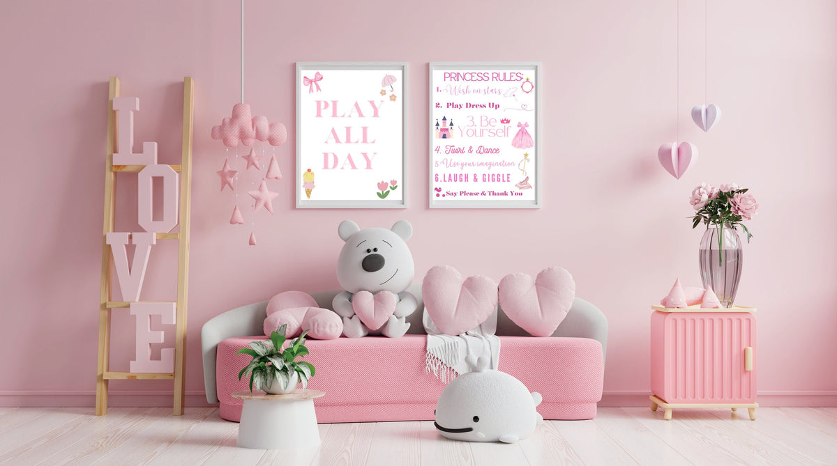 Princess Rules Sign – Pink Girls Nursery & Playroom Wall Art Printable