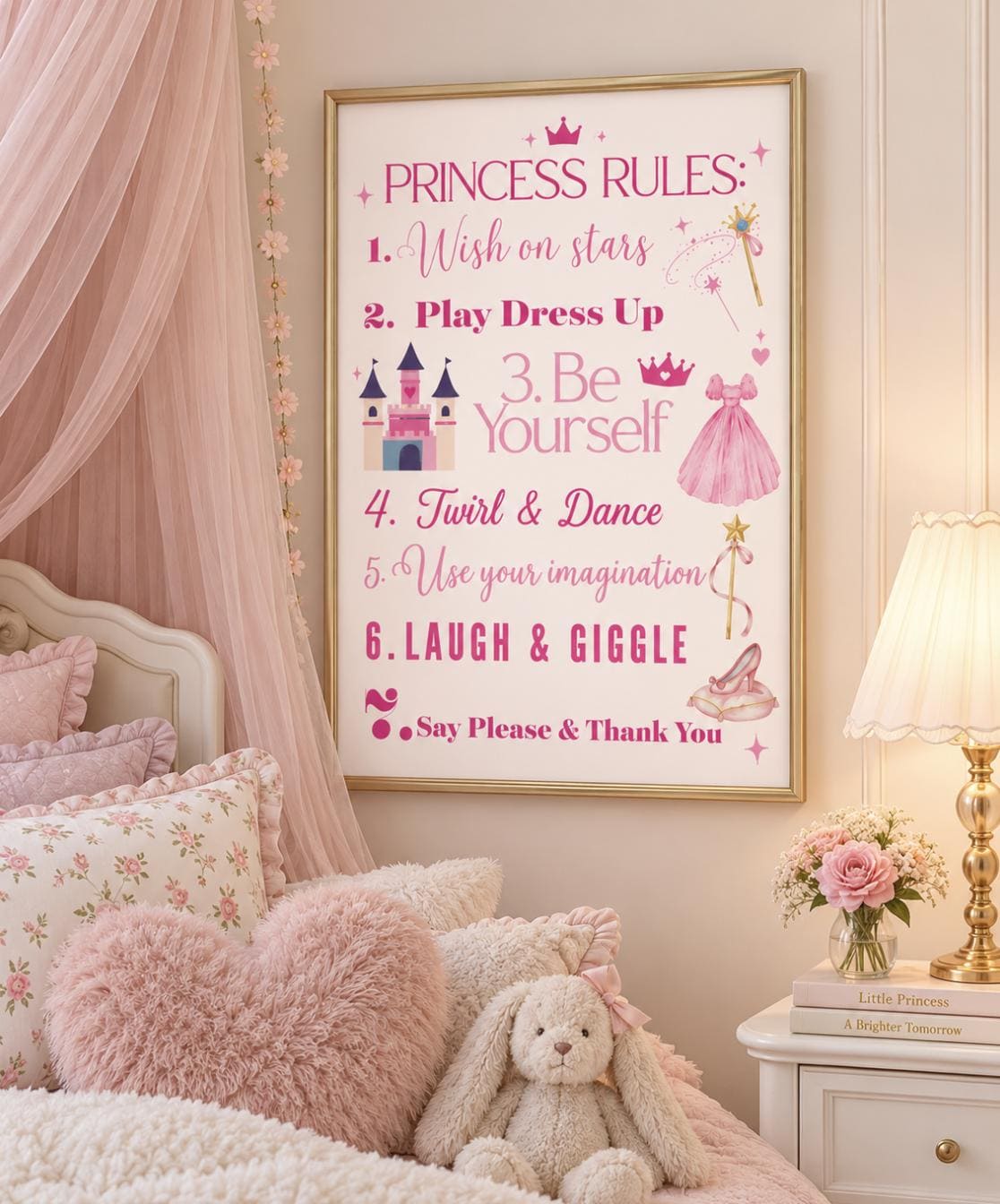 Princess Rules Sign – Pink Girls Nursery & Playroom Wall Art Printable