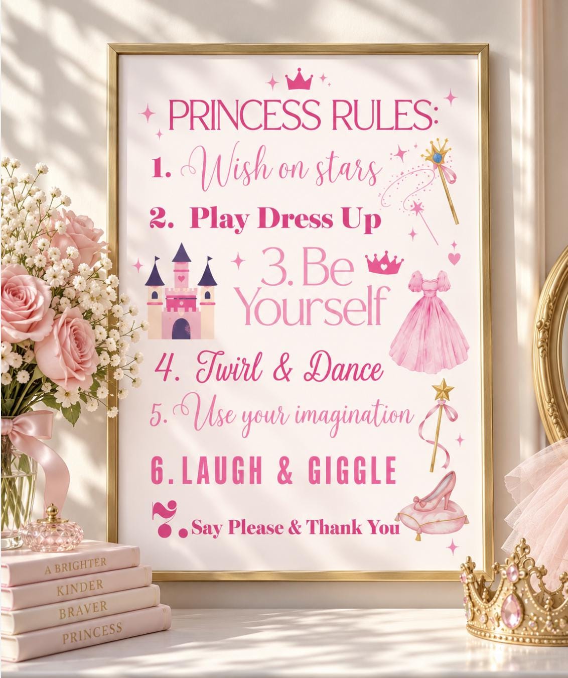 Princess Rules Sign – Pink Girls Nursery & Playroom Wall Art Printable