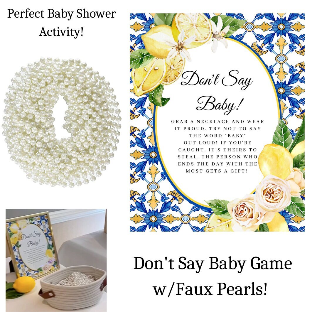Printed Don't Say Baby Game with Pearl Necklaces – Italian Lemon Blue Tile Baby Shower Game