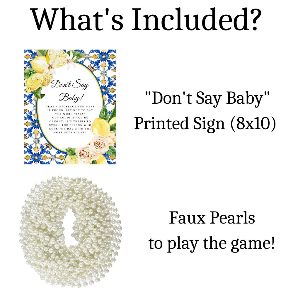 Printed Don't Say Baby Game with Pearl Necklaces – Italian Lemon Blue Tile Baby Shower Game