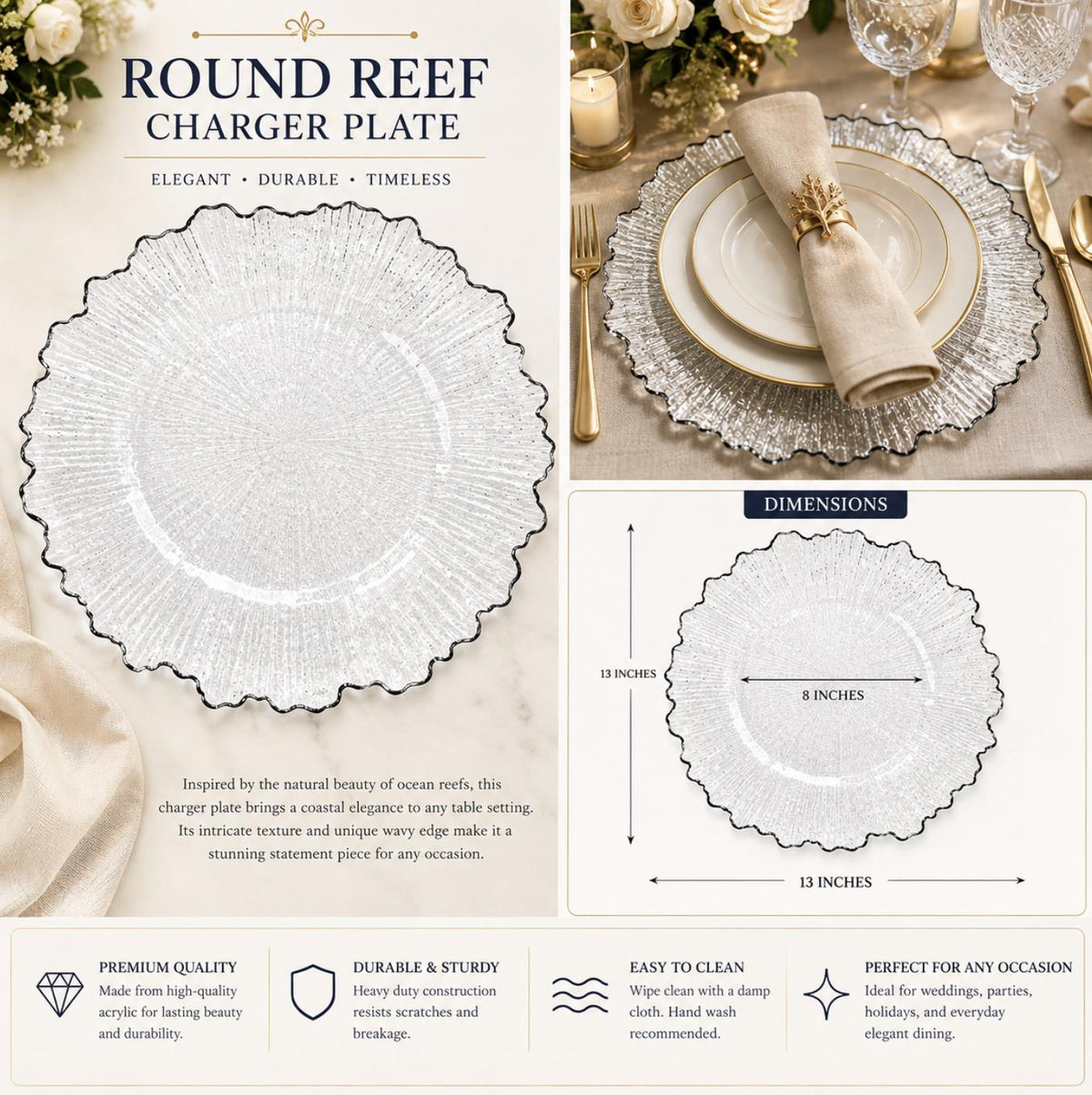 Reef Textured Plastic Charger Plates with Gold Rim – Round Chargers for Weddings & Receptions