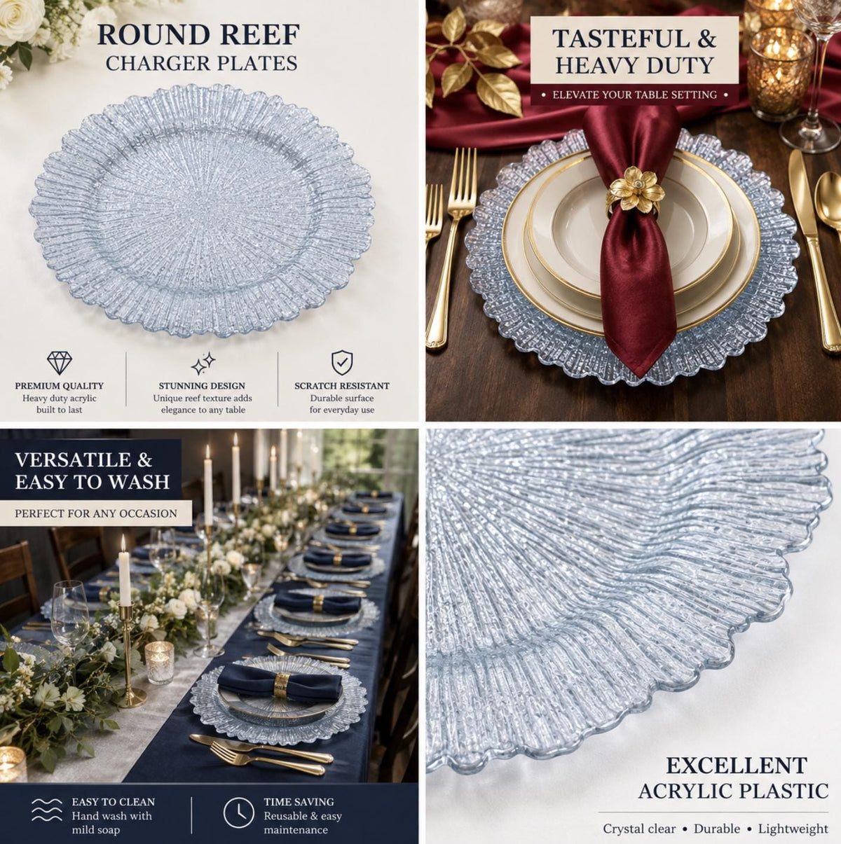 Reef Textured Plastic Charger Plates with Gold Rim – Round Chargers for Weddings & Receptions