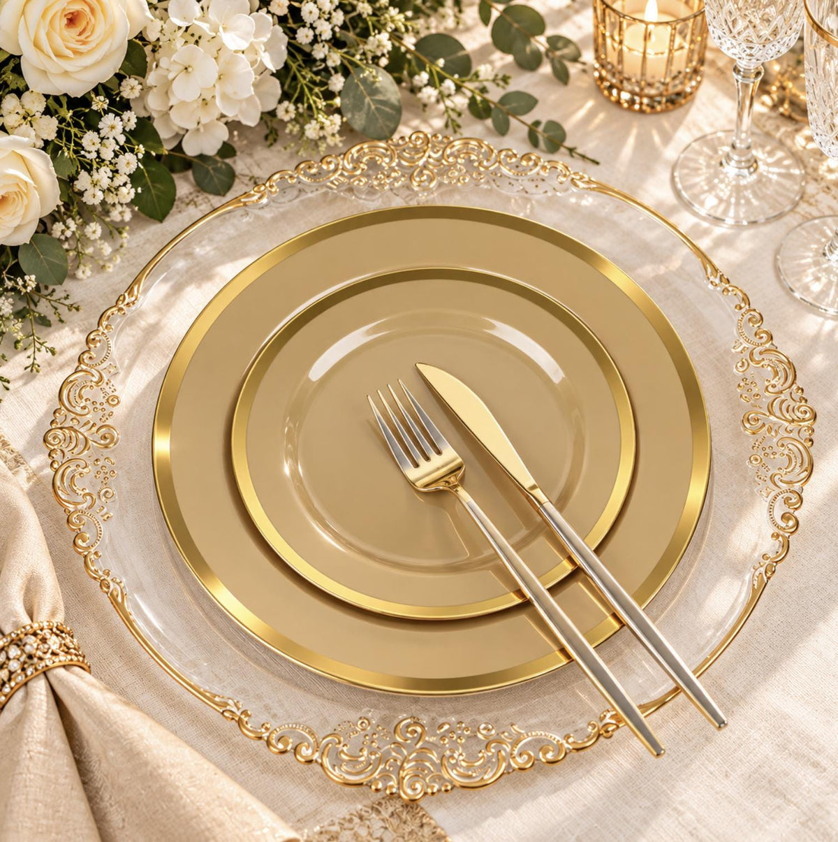 Round Plastic Dinner Dessert Plates – 7” & 10” Luxury Disposable Plates for Events Weddings