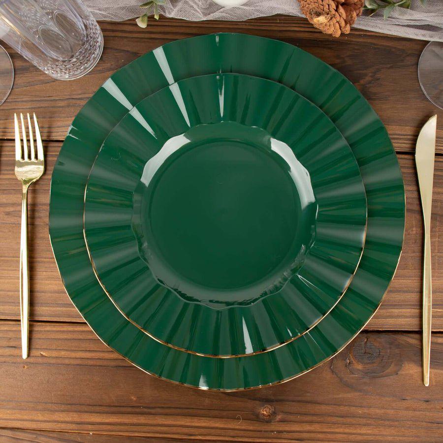 7 inch white plastic cake plate with an elegant gold rim. Disposable dessert plate for parties.