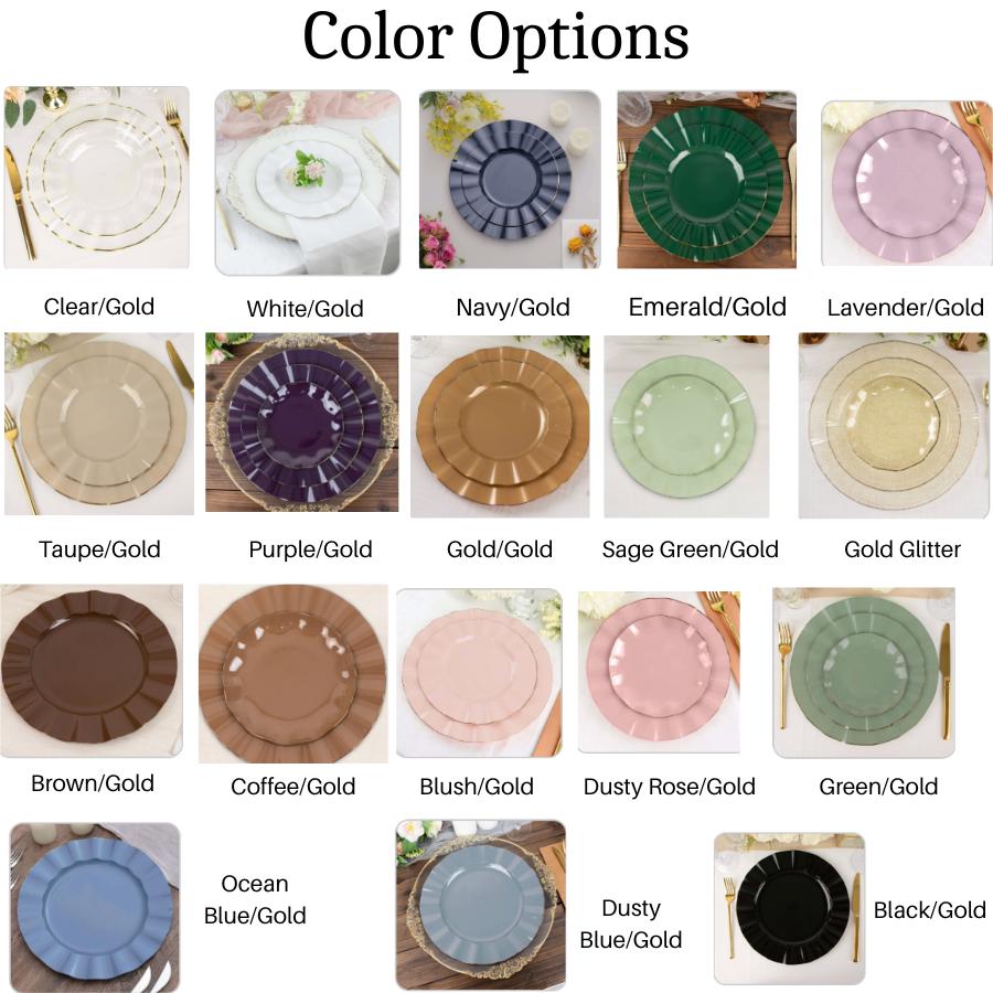 Ruffled Gold Rim Disposable Dinner Dessert Plates – 10-Pack Elegant Plastic Tableware
