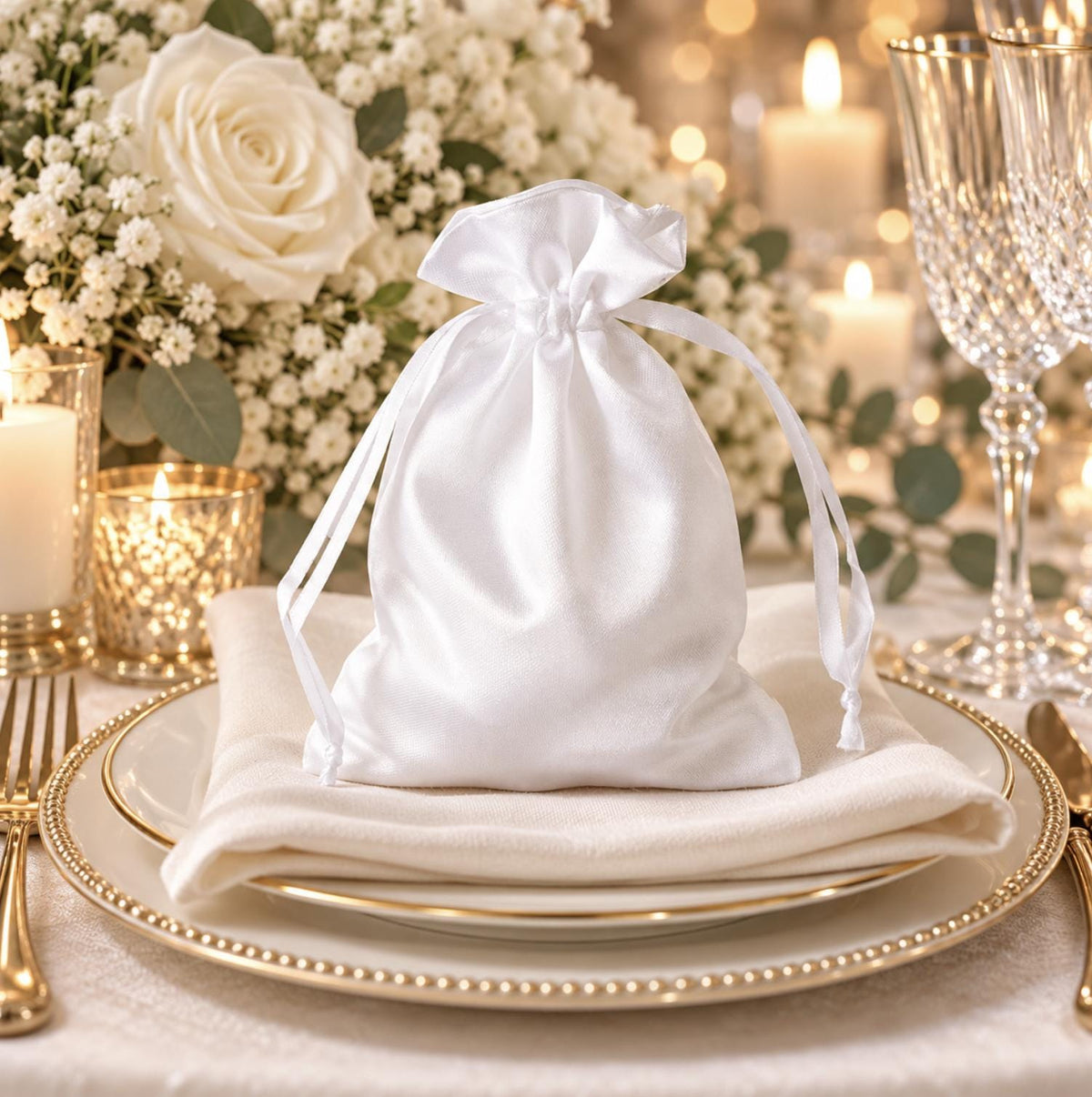 White Satin Drawstring Wedding & Party Favor Gift Bags - Pretty Party Boxx