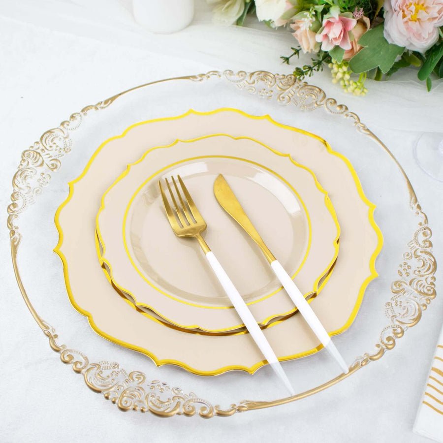 Layered gold-rimmed disposable plates – elegant plastic dinnerware for parties and weddings