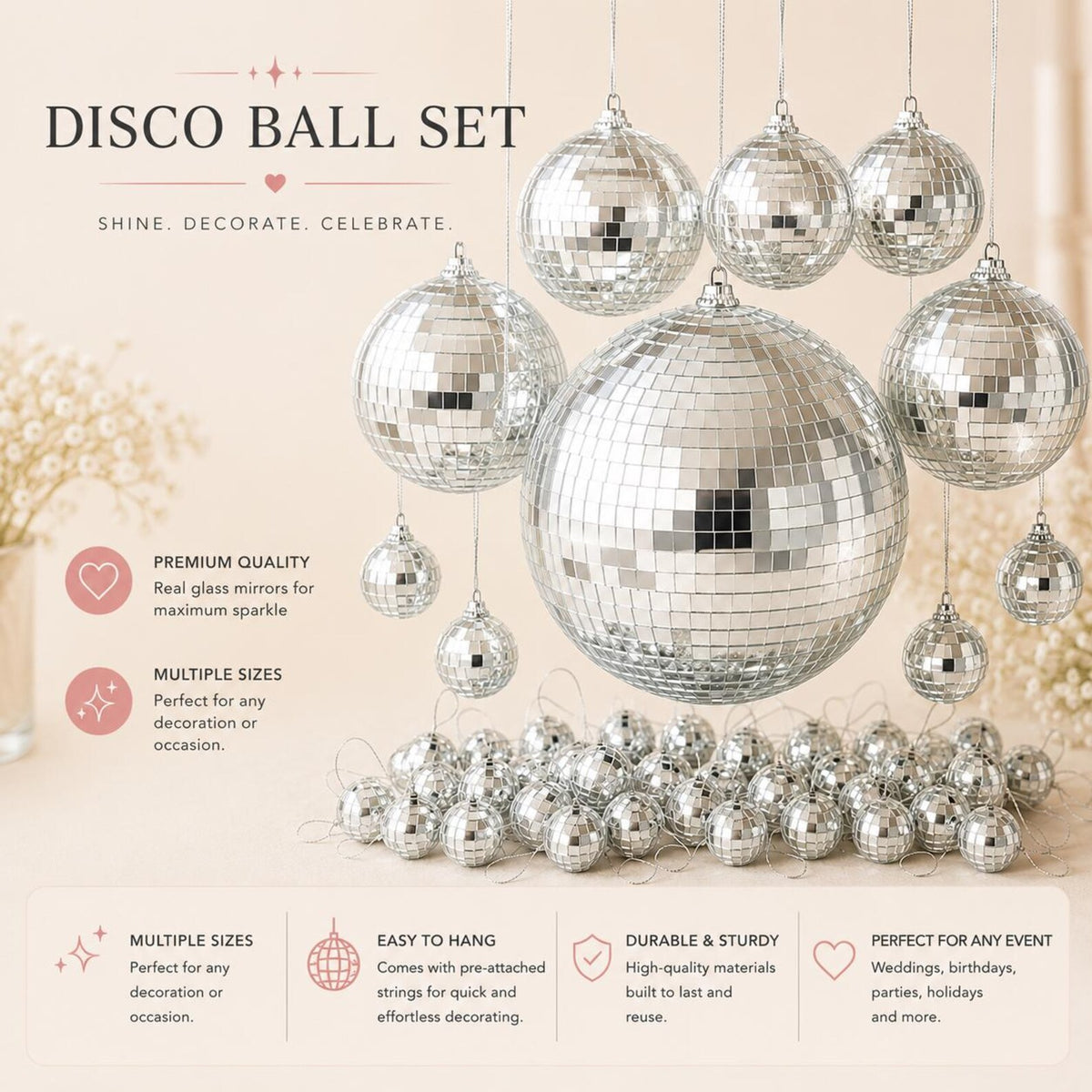 10 - Inch Silver Disco Ball Set – 40 Reflective Mirror Balls - Pretty Party Boxx