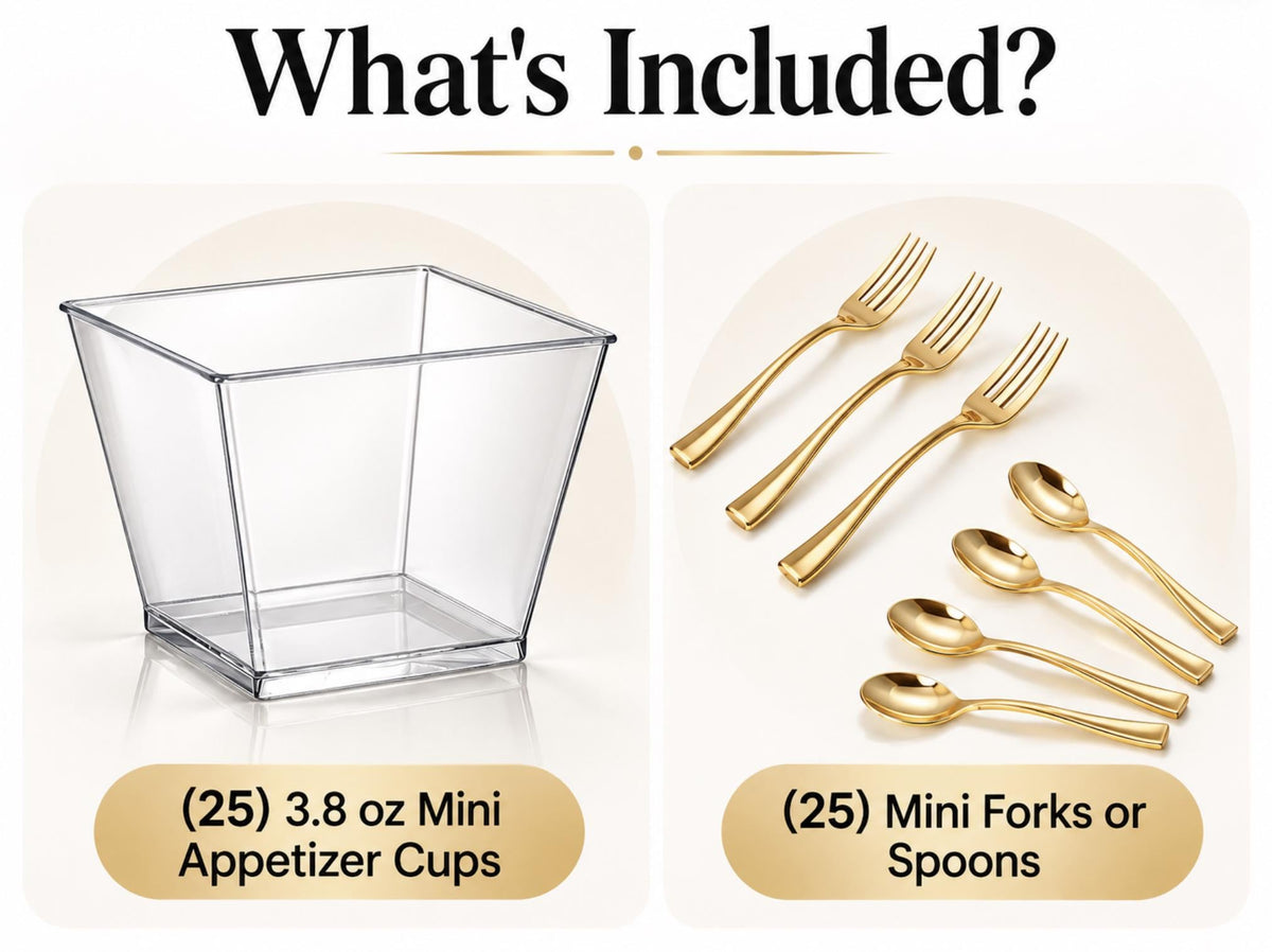 Square Plastic Dessert Cups with Mini Forks or Spoons – Mini Parfait & Pasta Cups for Catering