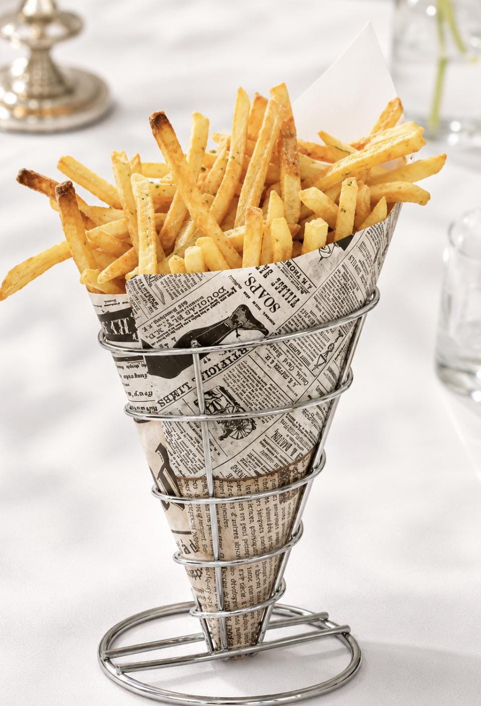Stainless Steel French Fry Stand Baskets with Newspaper Wax Paper – Catering Fry Display Set