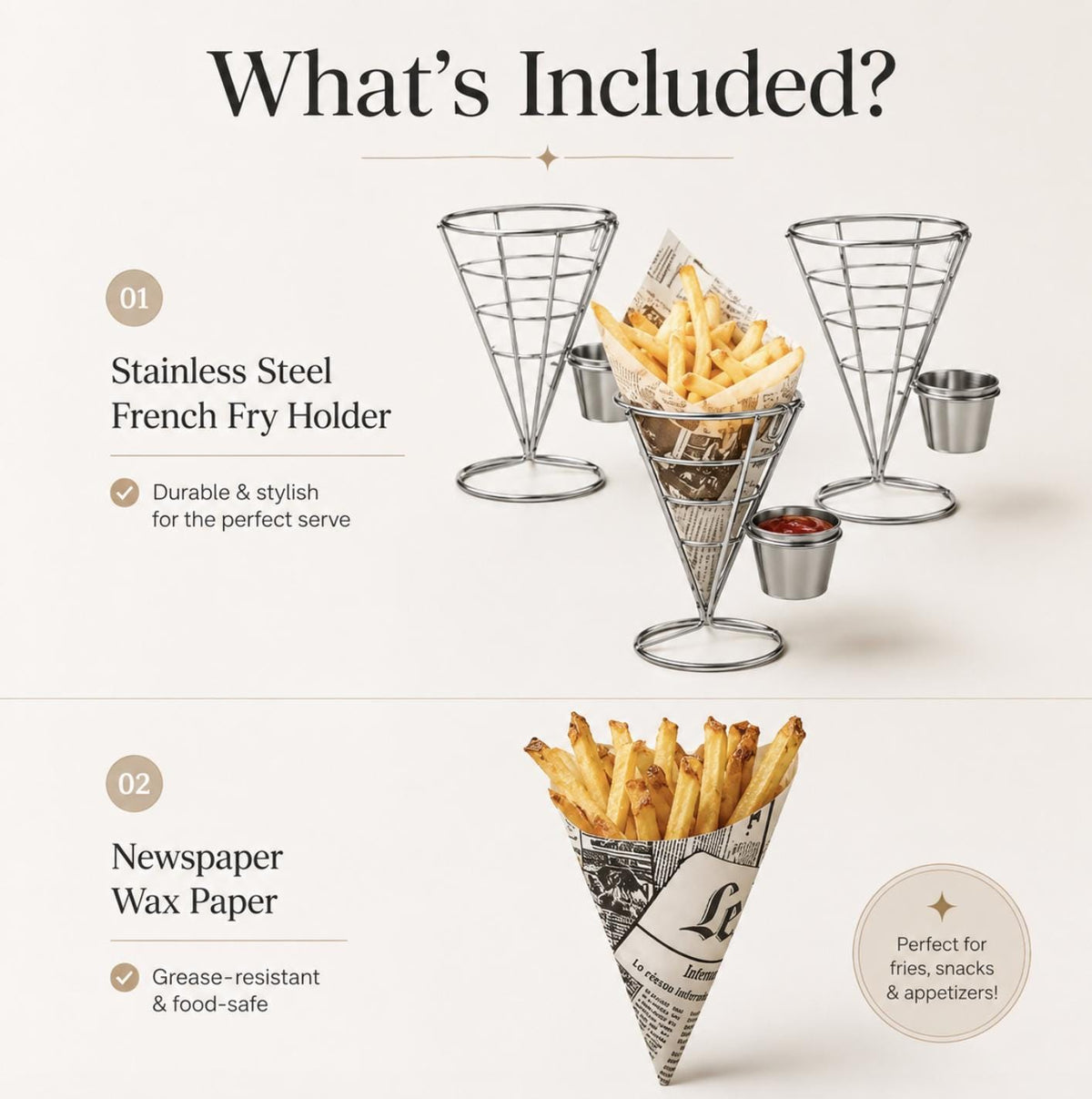 Stainless Steel French Fry Stand Baskets with Newspaper Wax Paper – Catering Fry Display Set