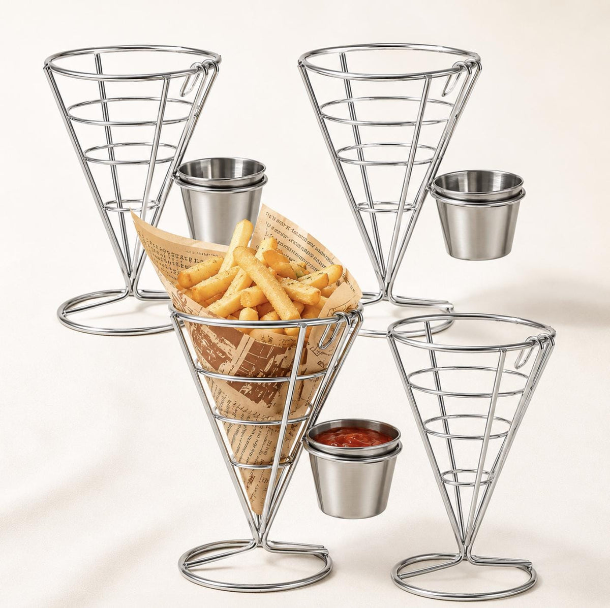 Stainless Steel French Fry Stand Baskets with Newspaper Wax Paper – Catering Fry Display Set